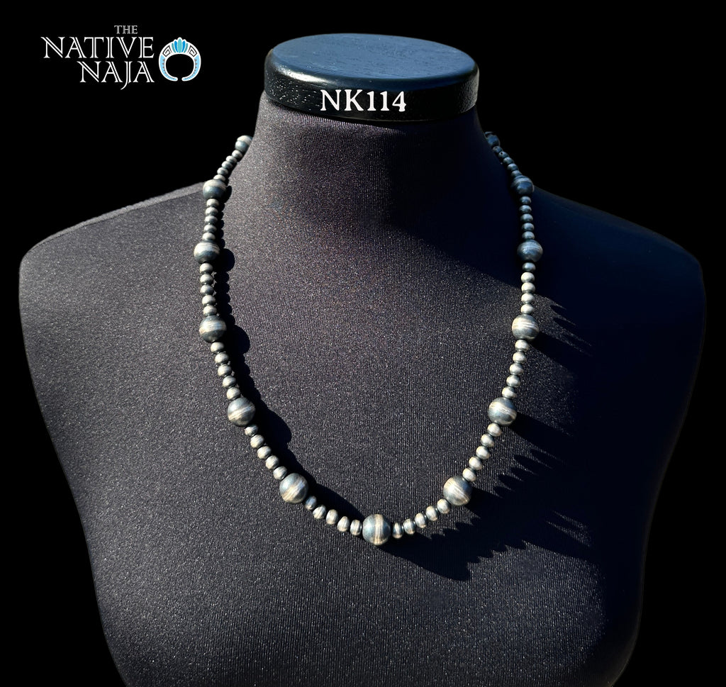 24" Chimney Butte Sterling Silver 6 & 12mm Oxidized Navajo Pearls Necklace NK114