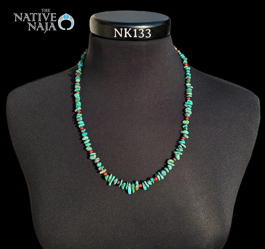 Navajo Sterling Silver & Kingman Turquoise & Spiny Oyster Nugget 24" Necklace NK133