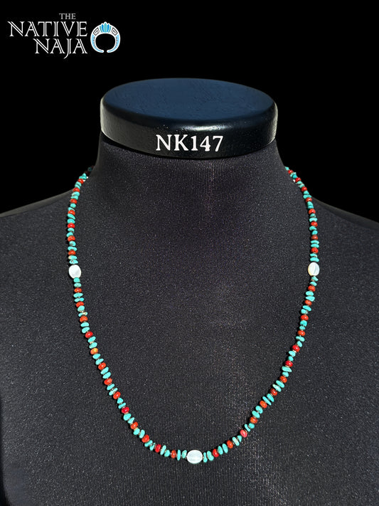 Navajo 23" Multi Stone Multi Color Turquoise, Coral, Mother of Pearl Necklace NK147