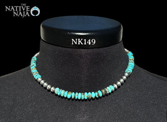 Beveled Genuine Turquoise Beads & 6mm Sterling Silver Navajo Pearl Necklace 16" NK149