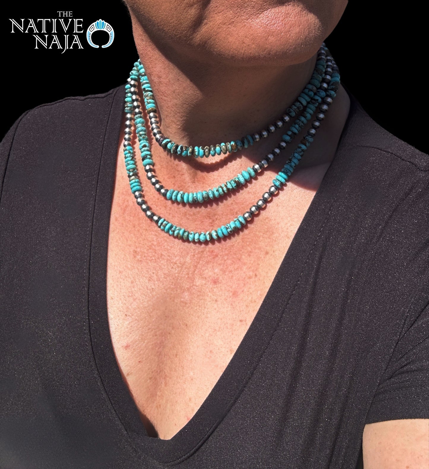 Beveled Genuine Turquoise Beads & 6mm Sterling Silver Navajo Pearl Necklace 20" NK151