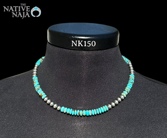 Beveled Genuine Turquoise Beads & 6mm Sterling Silver Navajo Pearl Necklace 18" NK150