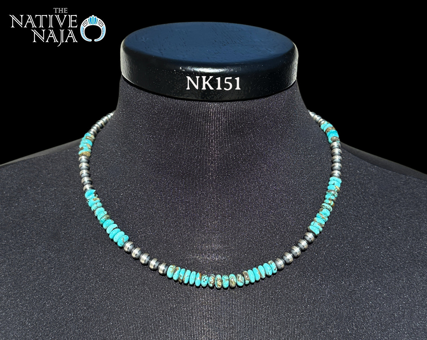 Beveled Genuine Turquoise Beads & 6mm Sterling Silver Navajo Pearl Necklace 20" NK151