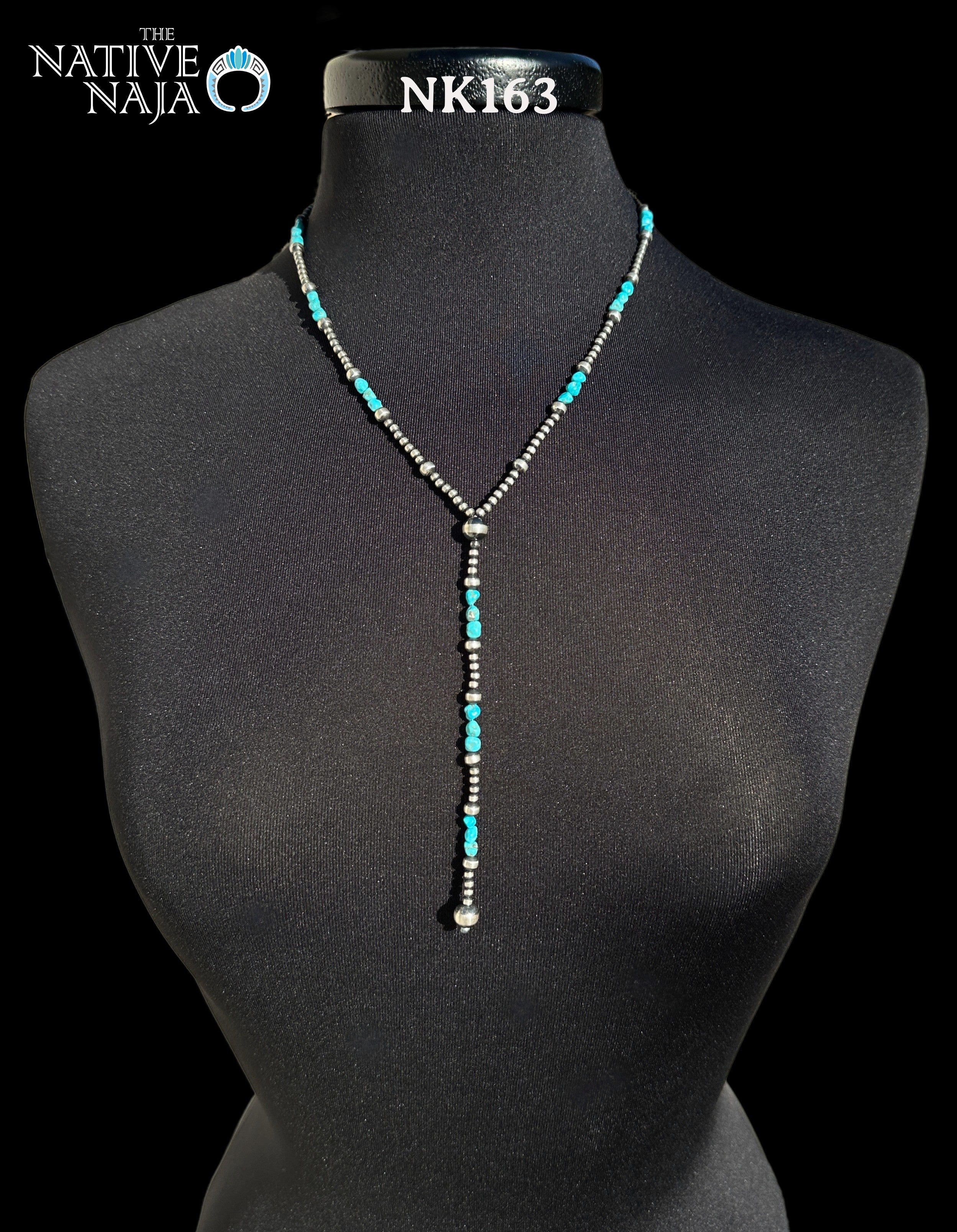 Dainty Navajo Hand Strung Sterling Silver Navajo Pearls & Kingman Turquoise 20" Lariat Necklace NK163