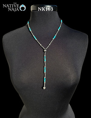 Dainty Navajo Hand Strung Sterling Silver Navajo Pearls & Kingman Turquoise 20" Lariat Necklace NK163