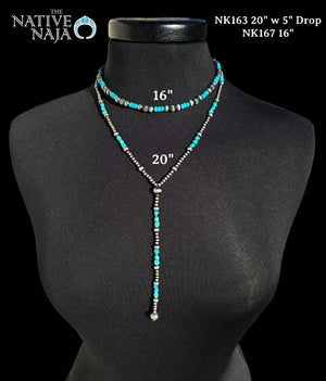 Dainty Navajo Hand Strung Sterling Silver Navajo Pearls & Kingman Turquoise 20" Lariat Necklace NK163