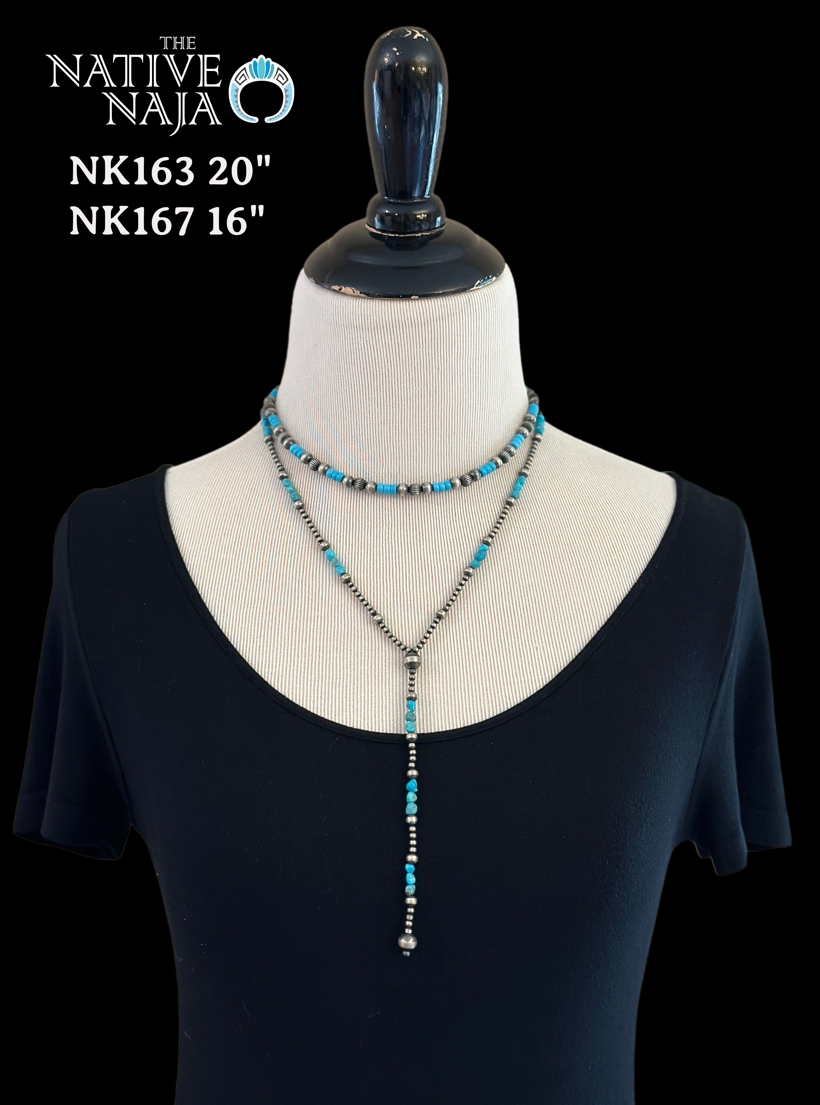 Dainty Navajo Hand Strung Sterling Silver Navajo Pearls & Kingman Turquoise 20" Lariat Necklace NK163