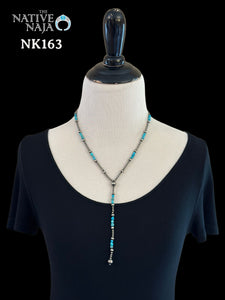 Dainty Navajo Hand Strung Sterling Silver Navajo Pearls & Kingman Turquoise 20" Lariat Necklace NK163