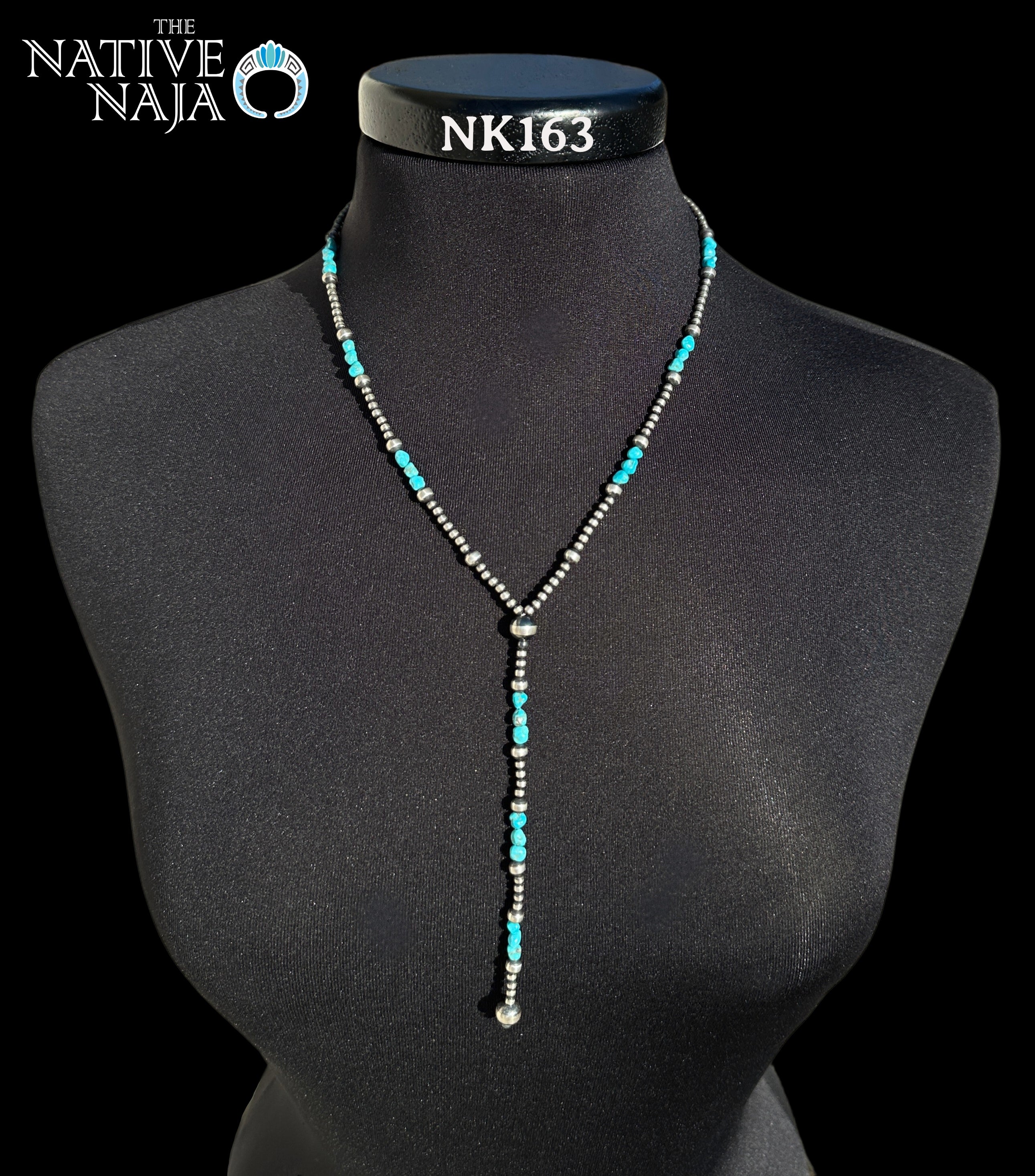 Dainty Navajo Hand Strung Sterling Silver Navajo Pearls & Kingman Turquoise 20" Lariat Necklace NK163