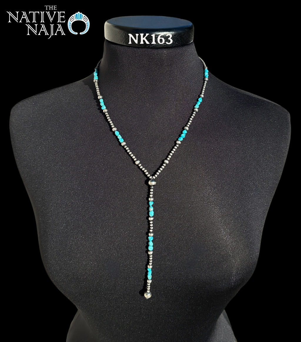 Dainty Navajo Hand Strung Sterling Silver Navajo Pearls & Kingman Turquoise 20" Lariat Necklace NK163