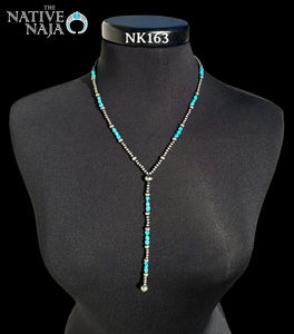 Dainty Navajo Hand Strung Sterling Silver Navajo Pearls & Kingman Turquoise 20" Lariat Necklace NK163