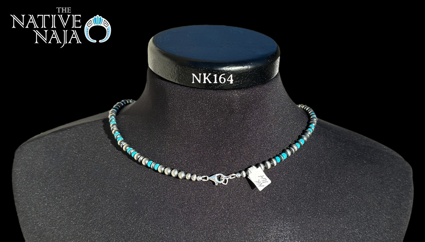 Navajo Hand Strung 6mm Sterling Silver Navajo Pearls & Turquoise Beads 24" Necklace NK164