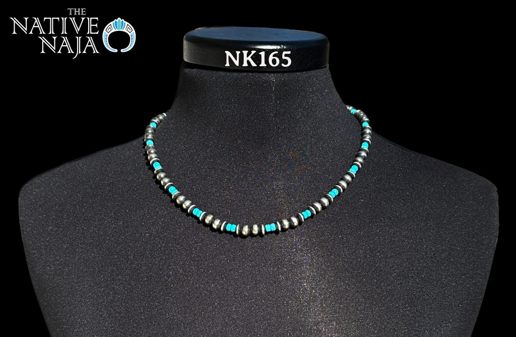 Navajo Hand Strung Sterling Silver Navajo Pearls & Turquoise Beads 20" Necklace NK165