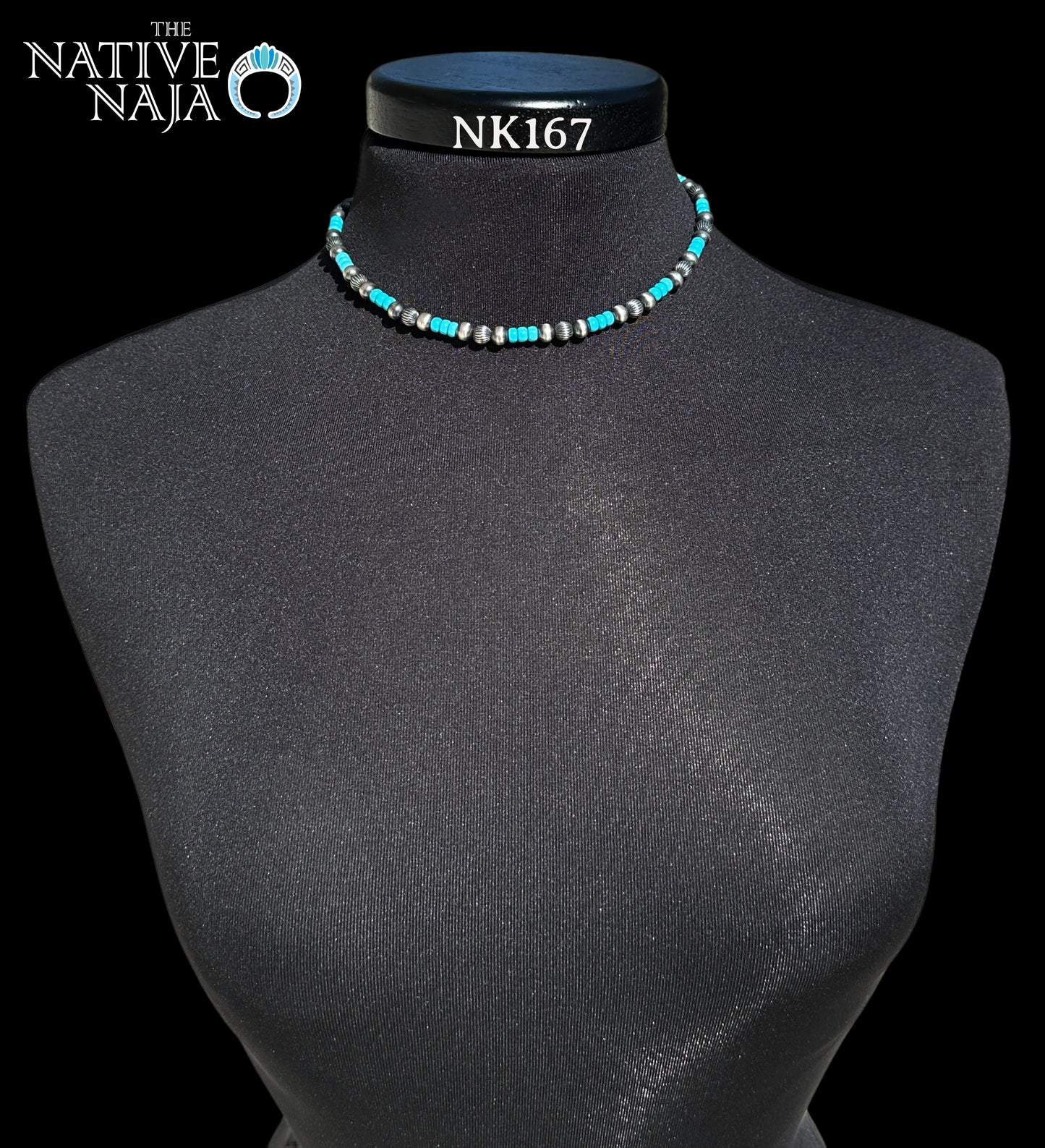 Navajo Hand Strung 6mm Sterling Silver Navajo Pearls & Turquoise Beads 16" Necklace NK167