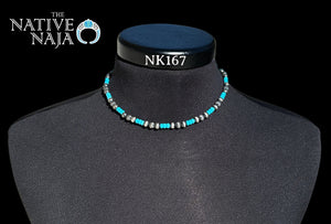 Navajo Hand Strung 6mm Sterling Silver Navajo Pearls & Turquoise Beads 16" Necklace NK167