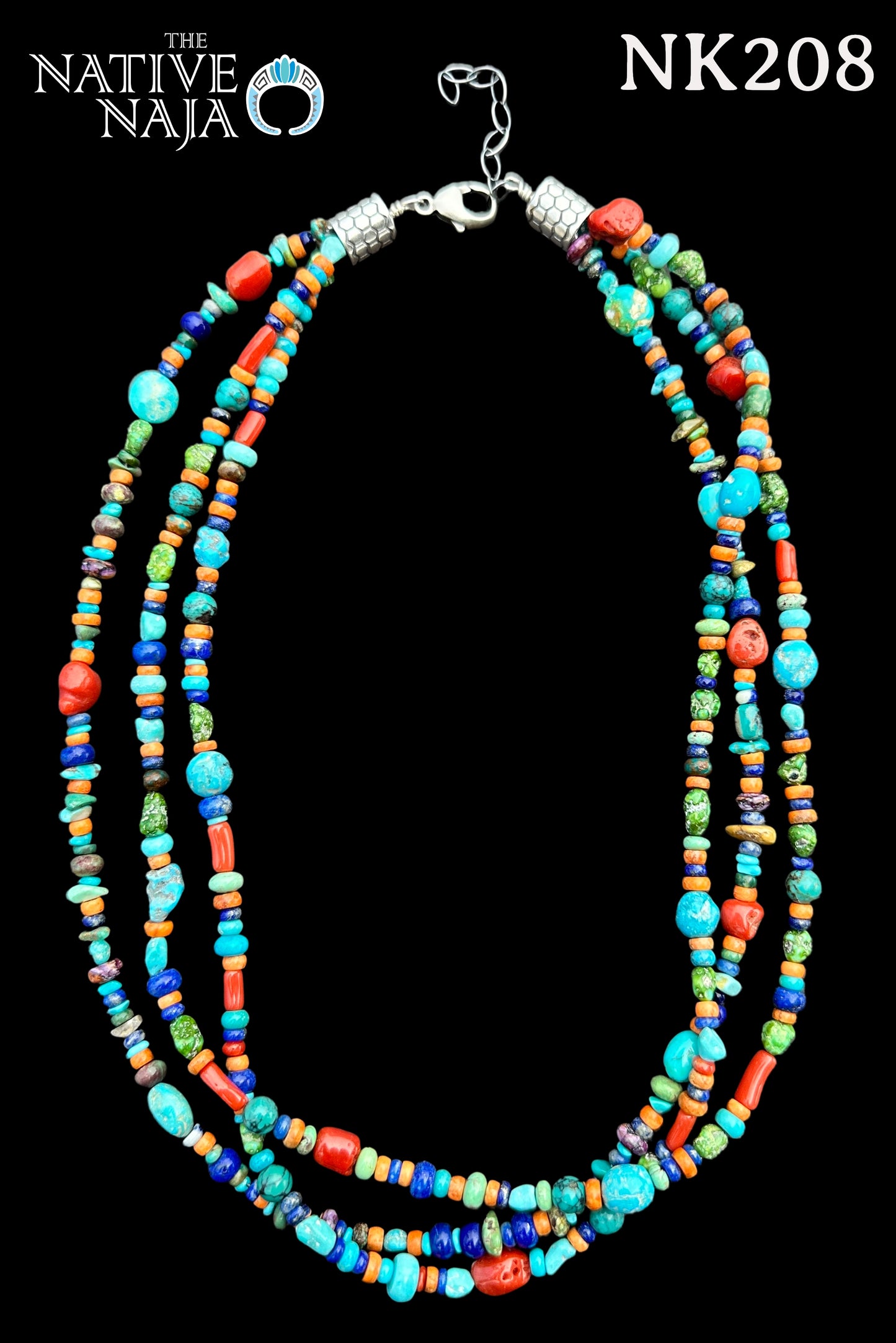 Navajo Rose Silago 3 Strand Multi Stone & Sterling Silver 18" Necklace NK208