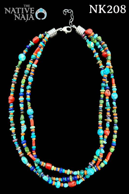 Navajo Rose Silago 3 Strand Multi Stone & Sterling Silver 18" Necklace NK208