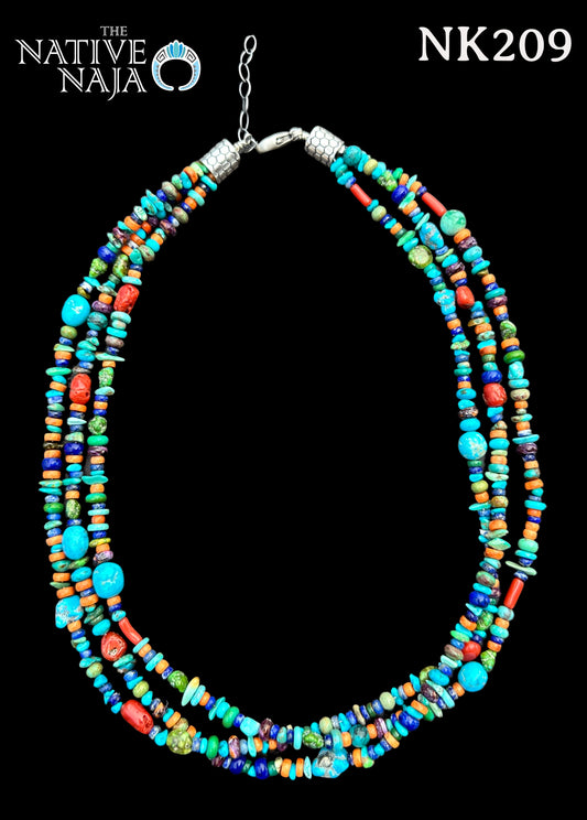 Navajo Rose Silago 3 Strand Multi Stone & Sterling Silver 18" Necklace NK209