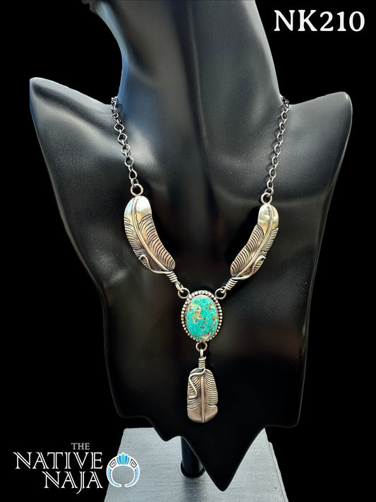 Navajo Kobe Martinez Cripple Creek Turquoise & Sterling Silver Feather Necklace NK210
