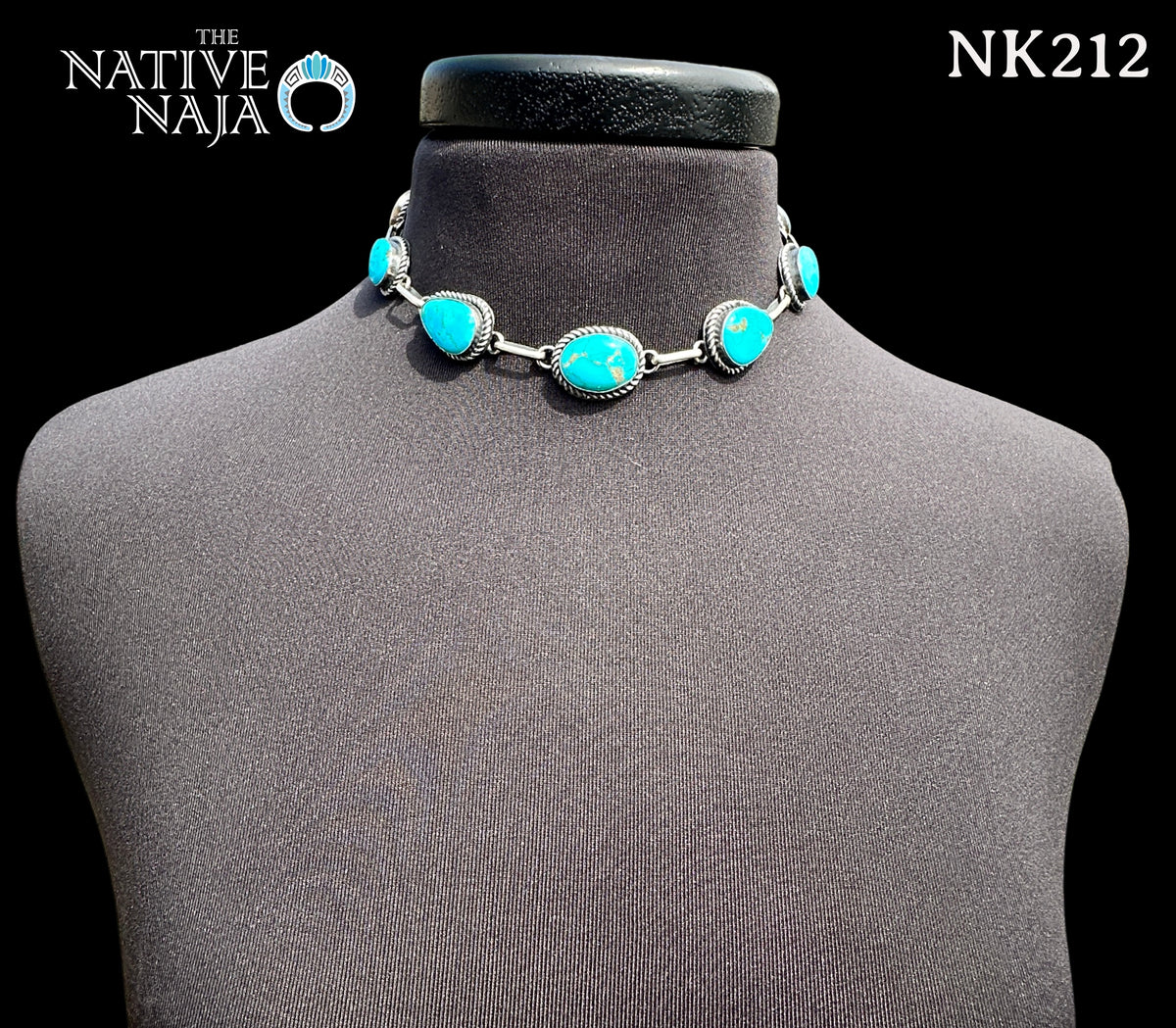 Navajo Freida Martinez Kingman Turquoise & Sterling Sterling 7 Stone Choker Necklace NK212