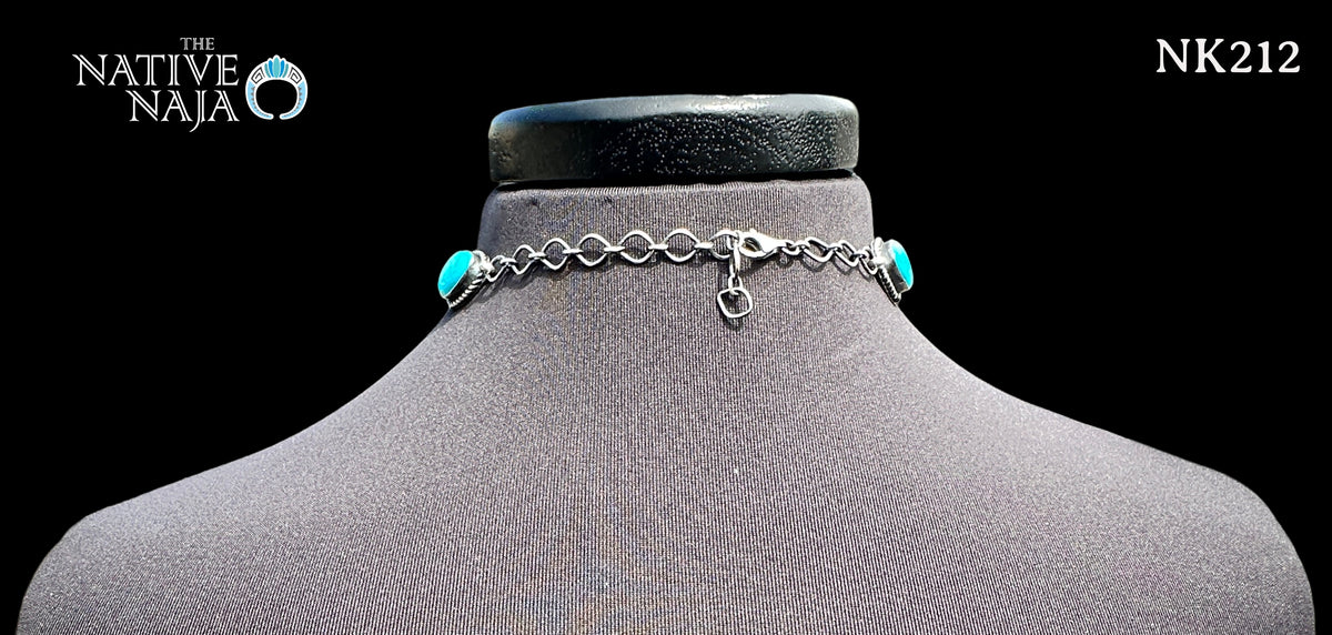 Navajo Freida Martinez Kingman Turquoise & Sterling Sterling 7 Stone Choker Necklace NK212