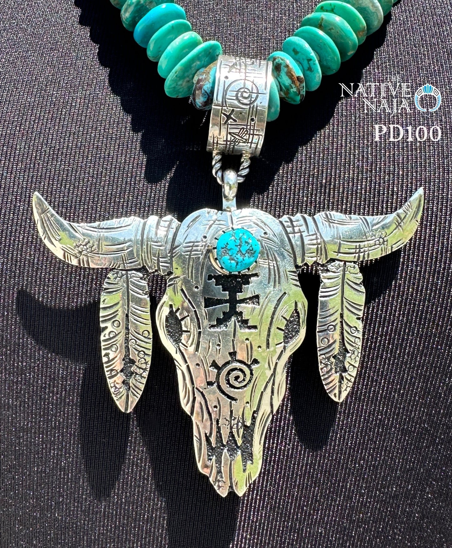 Navajo Artist Richard Singer Sterling Silver & Kingman Turquoise Buffalo Skull Pendant PD100