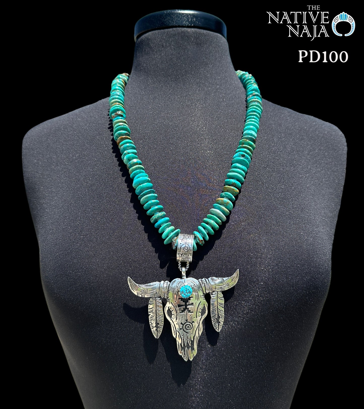 Navajo Artist Richard Singer Sterling Silver & Kingman Turquoise Buffalo Skull Pendant PD100