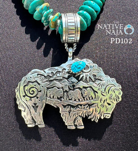 Amazing Navajo Artist Richard Singer Sterling Silver & Kingman Turquoise Large Buffalo Pendant PD102