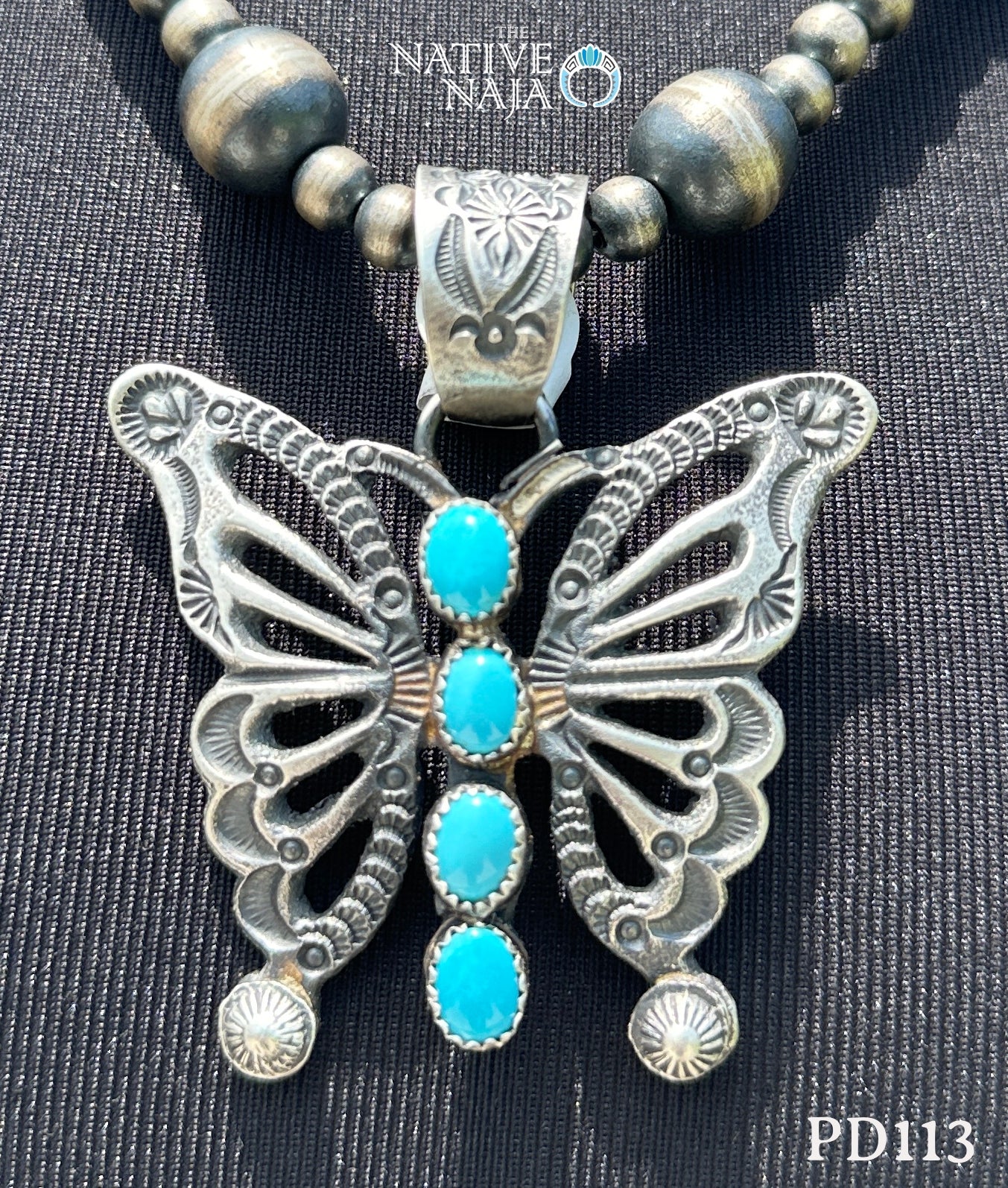 Navajo Artist Eva Linberg Billah Hand Stamped Sterling Silver & Kingman Turquoise Butterfly Pendant PD113