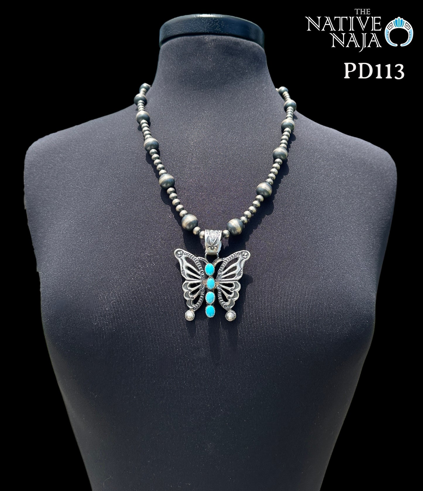 Navajo Artist Eva Linberg Billah Hand Stamped Sterling Silver & Kingman Turquoise Butterfly Pendant PD113