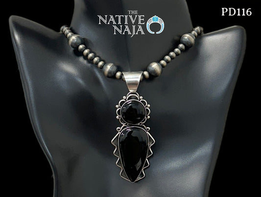 Large Navajo Artist Signed Sterling Silver & Black Onyx Pendant PD116