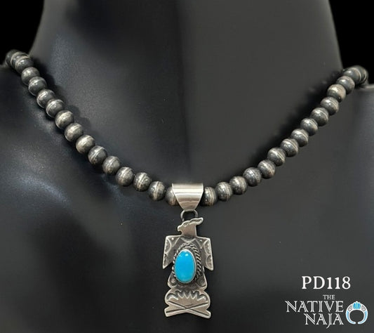 Navajo Freda Martinez Sterling Silver & Kingman Turquoise Thunderbird Pendant PD118