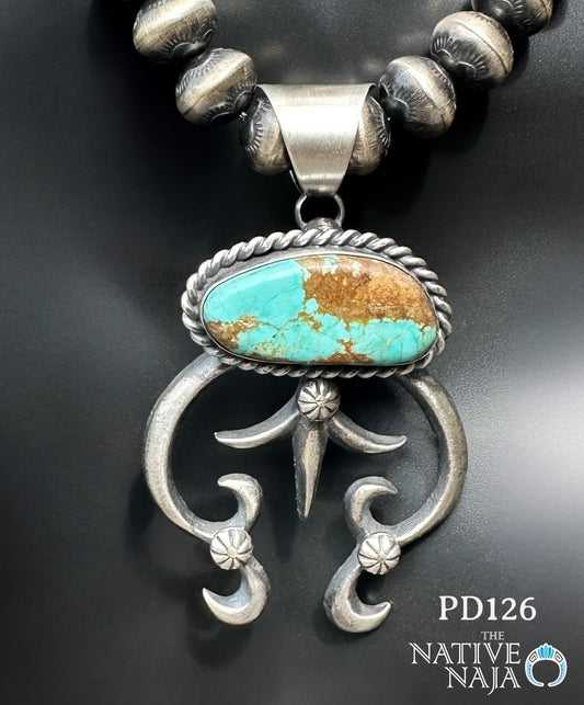 Navajo Chimney Butte Sterling Silver Mine #8 Turquoise Naja Sandcast Pendant PD126