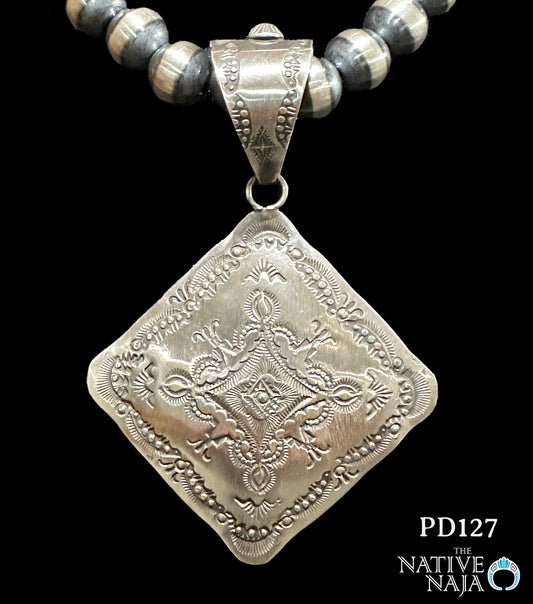 Navajo Vincent J Platero Large Triangle Hand Stamped Sterling Silver Pendant PD127