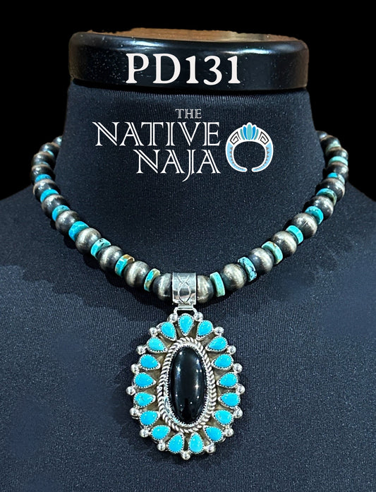 Navajo Darlene Begay Kingman Turquoise, Onyx & Sterling Silver Pendant PD131