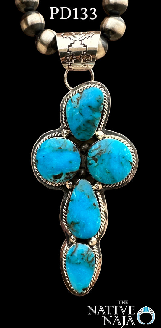 Large Navajo Emerson Delgarito Sterling Silver & Kingman Turquoise Cross Pendant PD133