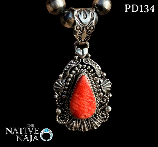 Stunning Navajo Geneva Apachito Sterling Silver & Orange Spiny Oyster Pendant PD134