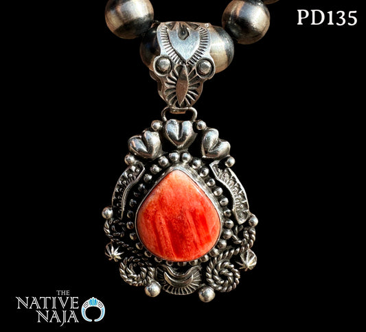 Stunning Navajo Geneva Apachito Sterling Silver & Orange Spiny Oyster Pendant PD135