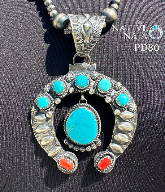 Large Navajo Randy Yazza Sterling Silver & Kingman Turquoise Coral Naja Pendant PD80