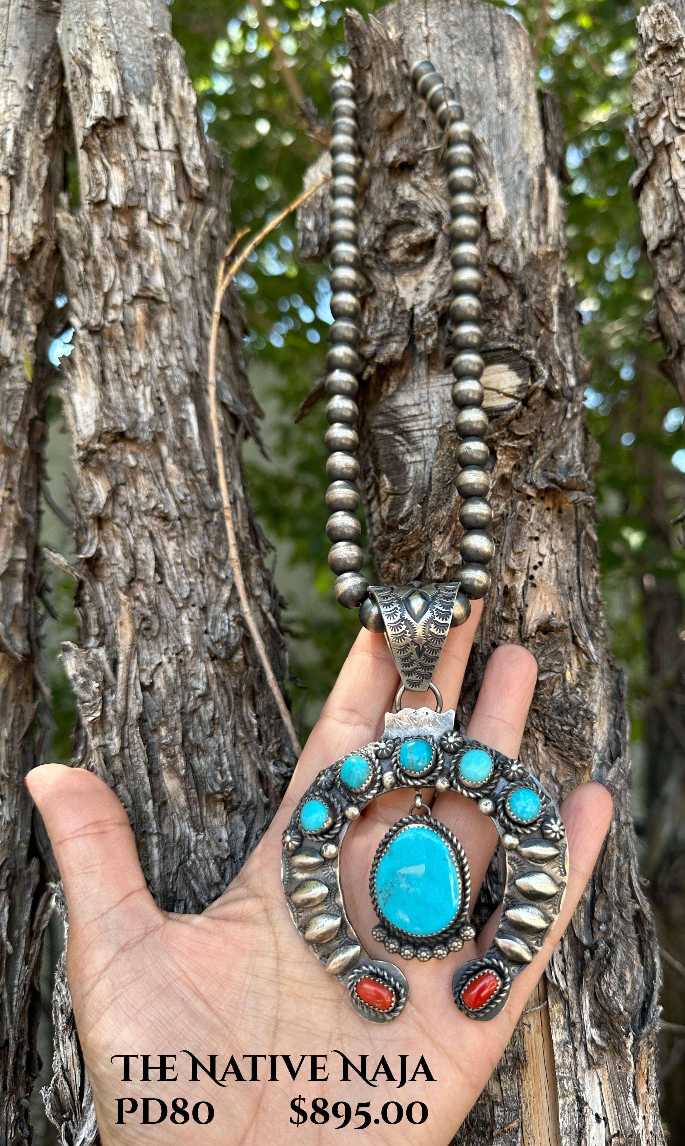 Large Navajo Randy Yazza Sterling Silver & Kingman Turquoise Coral Naja Pendant PD80