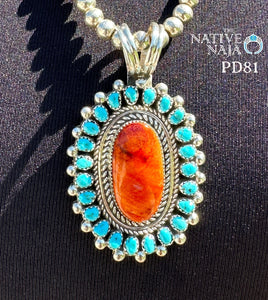 Large Navajo Tina Jones Kingman Turquoise & Spiny Oyster Pendant PD81