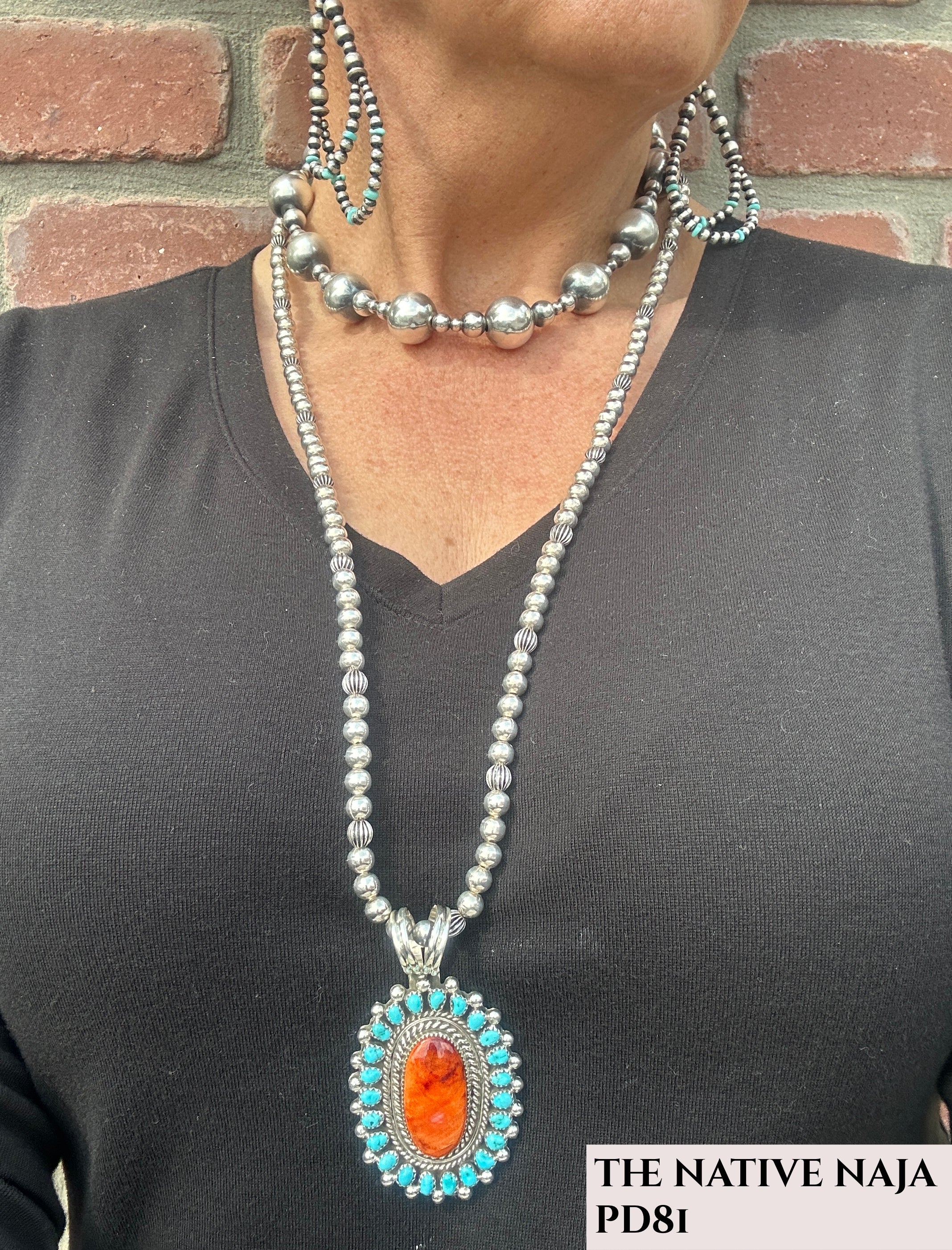 Large Navajo Tina Jones Kingman Turquoise & Spiny Oyster Pendant PD81