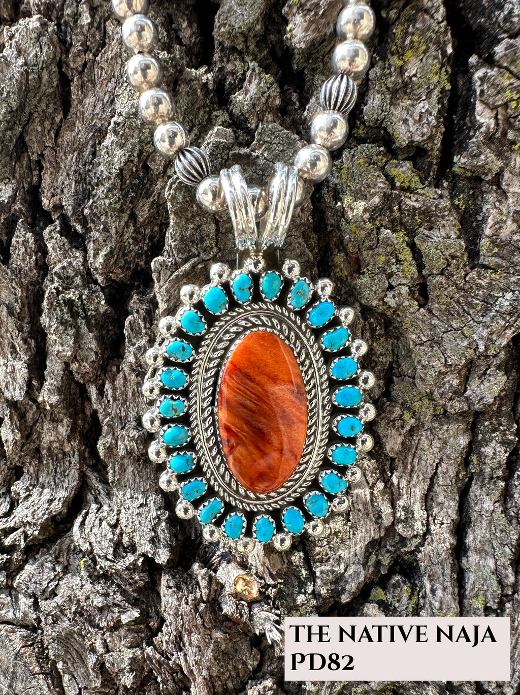 Large Navajo Tina Jones Kingman Turquoise & Spiny Oyster Pendant PD82