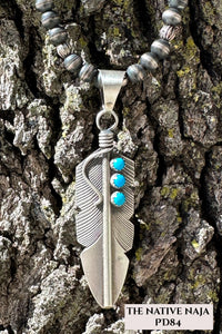 Navajo Chris Charley Kingman Turquoise & Sterling Silver Feather Pendant PD84