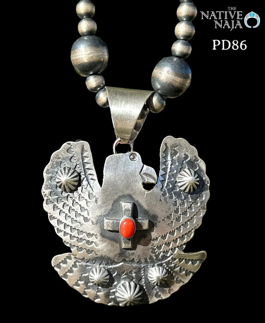 Native Artist Chimney Butte Sterling Silver & Coral Thunderbird Pendant PD86