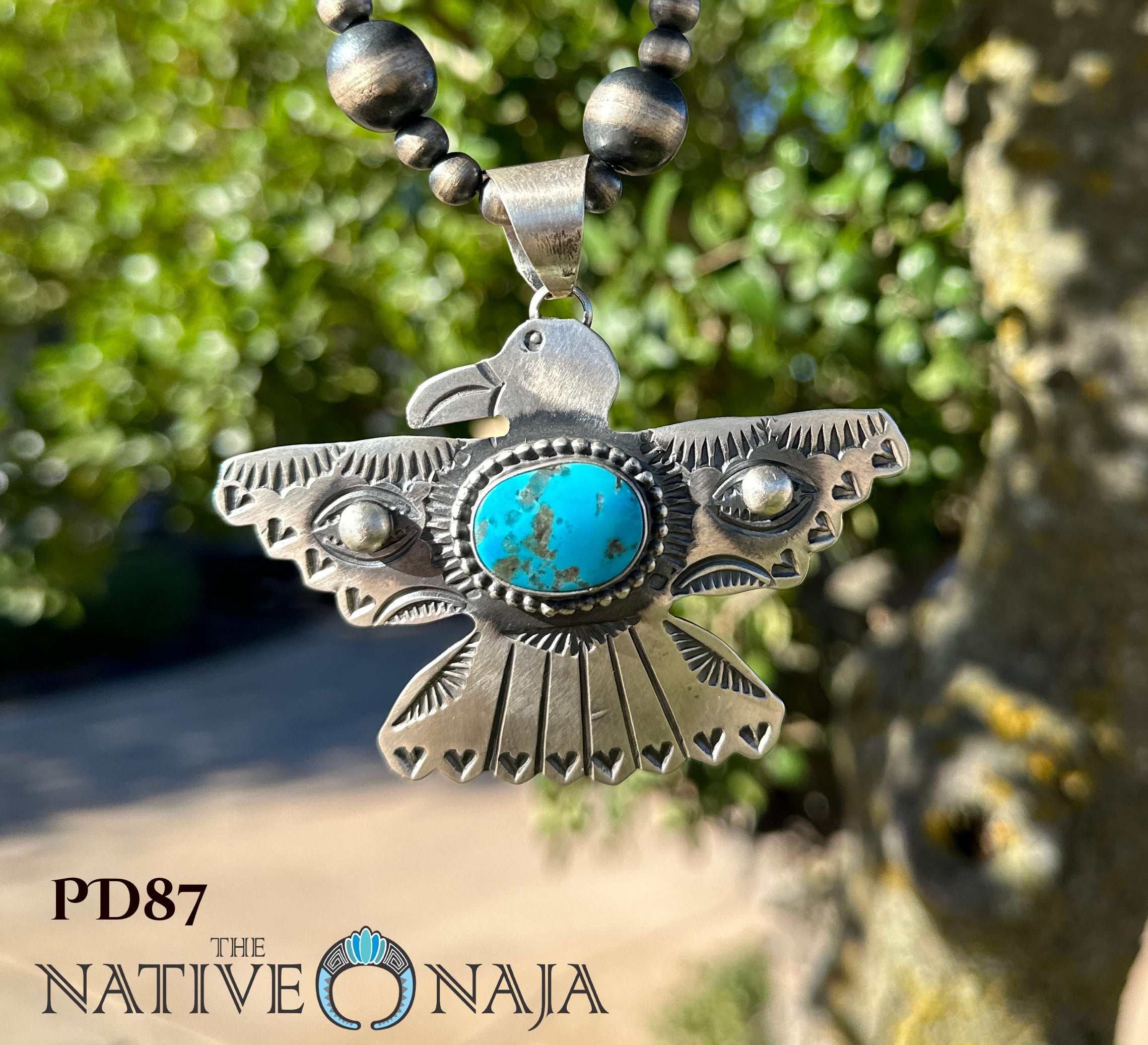 Navajo Chimney Butte Kingman Turquoise & Sterling Silver Thunderbird Pendant PD87