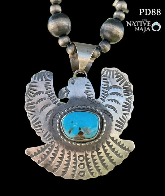 Native Artist Chimney Butte Kingman Turquoise & Sterling Silver Thunderbird Pendant PD88