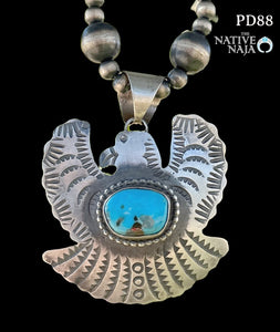 Navajo Chimney Butte Kingman Turquoise & Sterling Silver Thunderbird Pendant PD88
