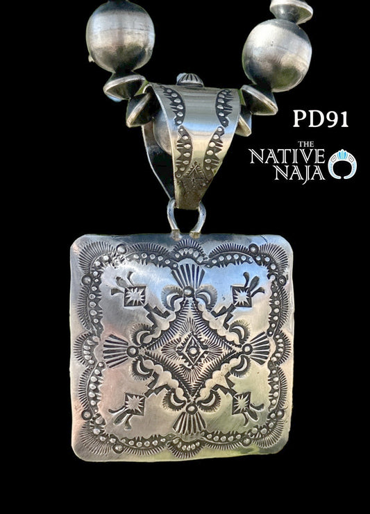 Navajo Vincent Platero Hand Stamped Sterling Silver Square Pendant PD91