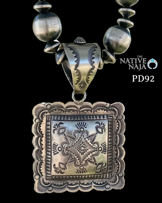 Navajo Vincent Platero Hand Stamped Sterling Silver Square Pendant PD92